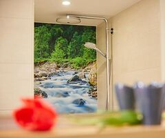 Badezimmer mit Dusche der Ferienwohnung Grüntenblick